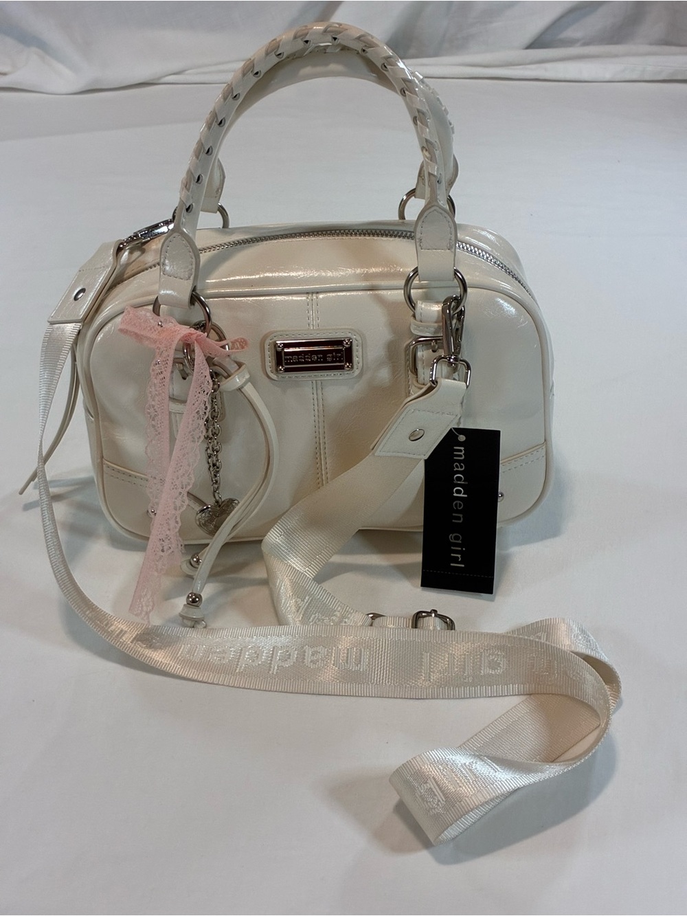 Madden Girl Cream Patent Satchel with Detachable Crossbody Strap